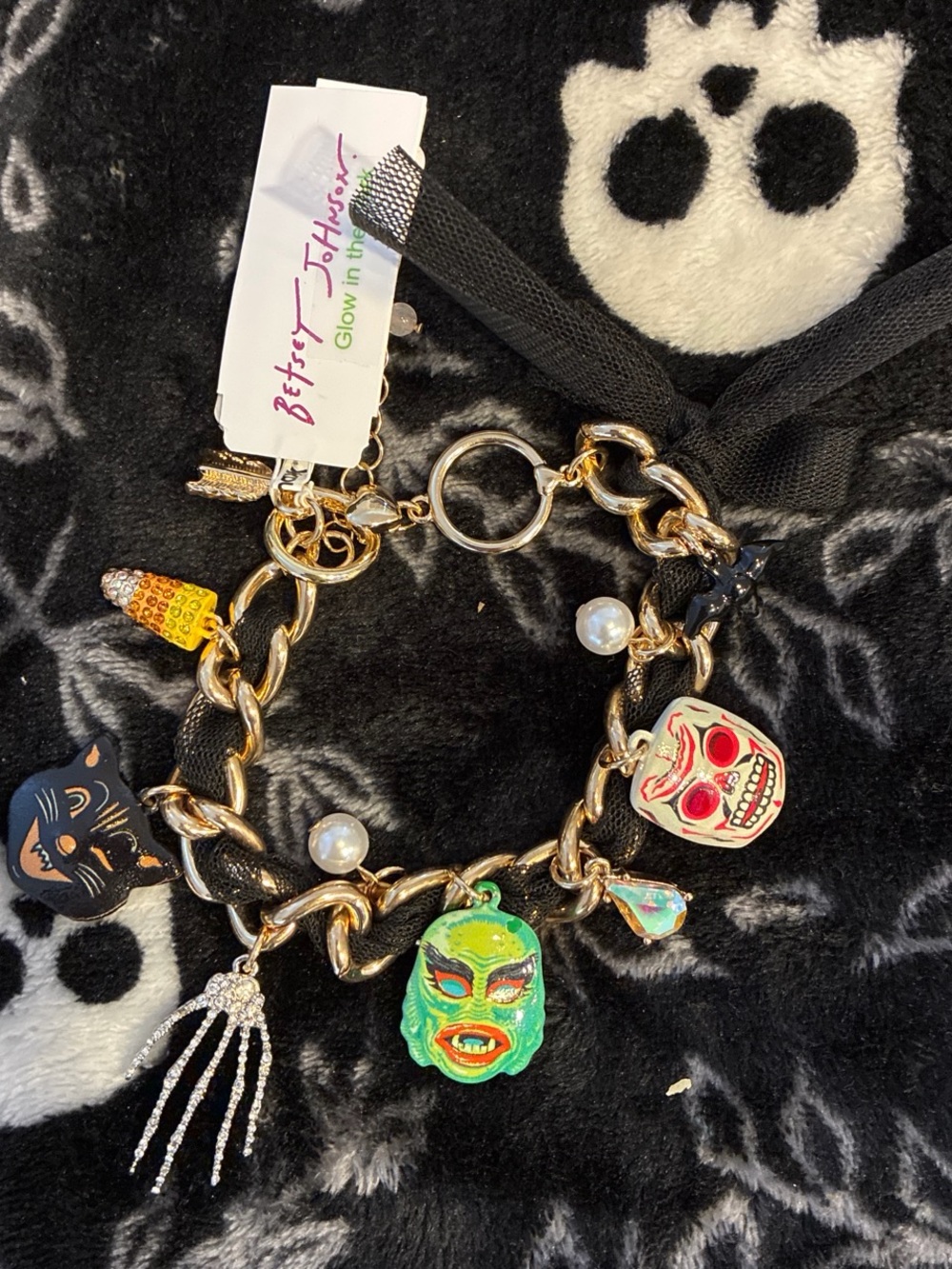 Betsey Johnson Black & Gold Halloween Charm Bracelet with Colorful Charms